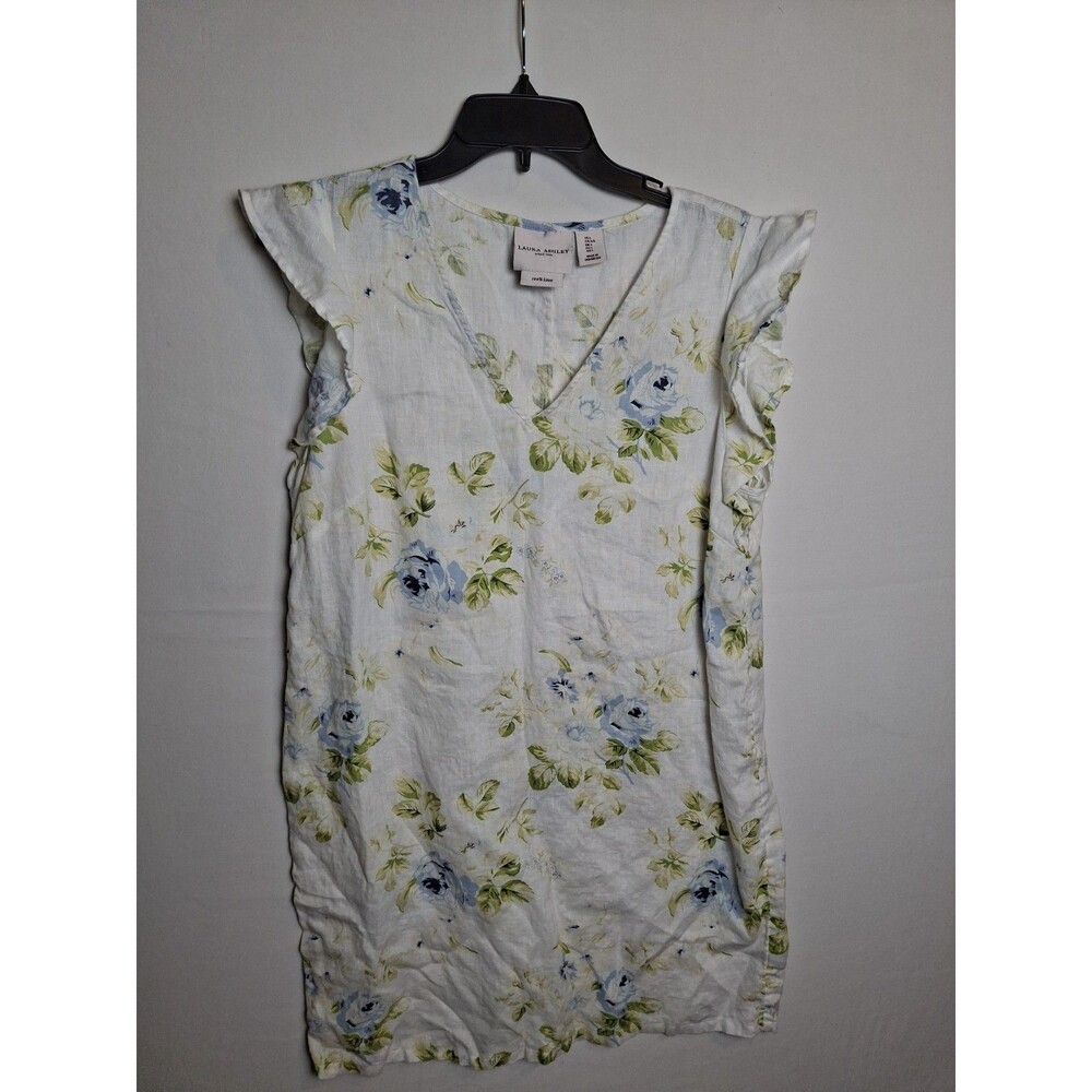 LAURA ASHLEY 100% Linen Floral V-Neck Women's  Dress Ruffle Sleeves Size L